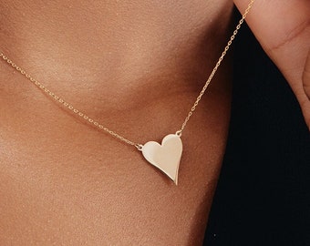 14K Solid Gold lange Herz Halskette für Frauen | Zierliche Herz Anhänger Halskette | Alltags Liebe Halskette | 14K Echtgold Schmuck | Geschenk für Sie