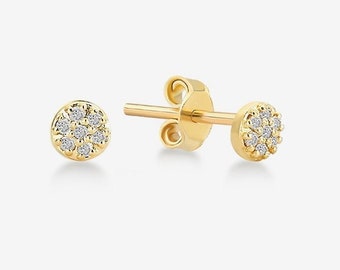 Diamond Mini Earrings | 14k Gold and Diamond Stud Earrings | Pave Diamond Round Studs | 14k Solid Gold Earrings for Women | Small Diamonds