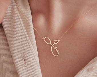 Custom Stethoscope Name Necklace in 14K Solid Gold | Dainty Nurse Necklace for Women | 14K Real Gold Minimalist Jewelry | Graduation Gifts