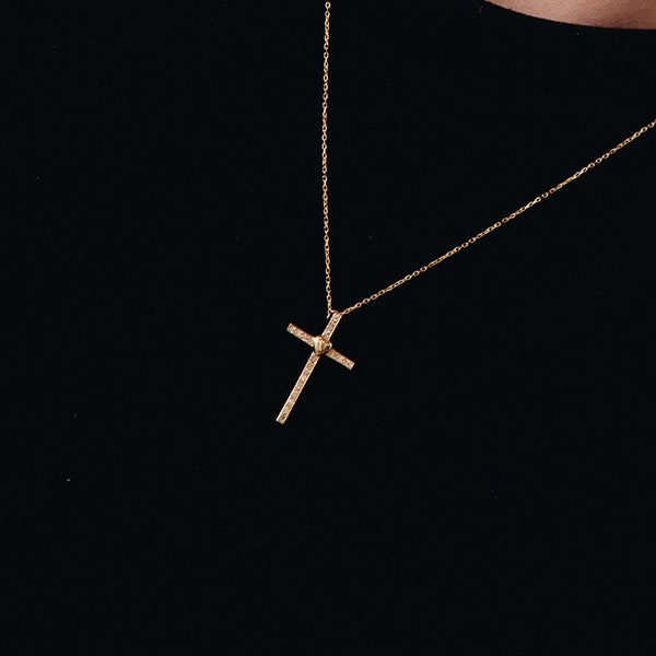14K Solid Gold Diamond Cross with A Heart Necklace | 14K Real Gold Diamond Cross Necklace | Religious Jewelry for Women | Christian Gift