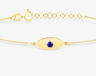 14K Solid Gold Sapphire Evil Eye Bracelet | 14K Gold Protection Bracelet for Women | Sapphire Jewelry | 14K Real Gold Jewelry | Gift for Her