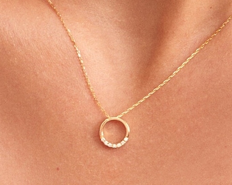 Diamond Circle Necklace | 14k Solid Round Pendant Necklace | Karma Necklace | Diamond Necklace for Women | Open Circle Necklace |