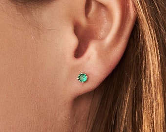 Emerald Stud Earrings in 14k Real Gold for Women | May Birthstone Earrings | Gemstone Earrings | 14k Gold Studs | Emerald Jewelry