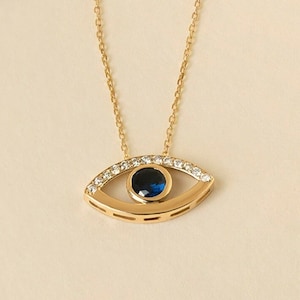 14k Diamond Evil Eye Necklace Sapphire Necklace for Women Mother's Day Gift Evil Eye Pendant Diamond Necklace Hamsa Necklace image 1