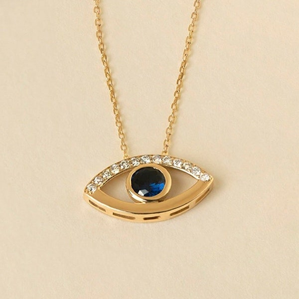 14k Diamond Evil Eye Necklace | Sapphire Necklace for Women | Mother's Day Gift | Evil Eye Pendant | Diamond Necklace | Hamsa Necklace