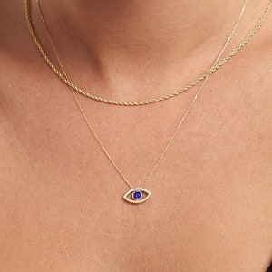 14k Diamond Evil Eye Necklace Sapphire Necklace for Women Mother's Day Gift Evil Eye Pendant Diamond Necklace Hamsa Necklace image 3