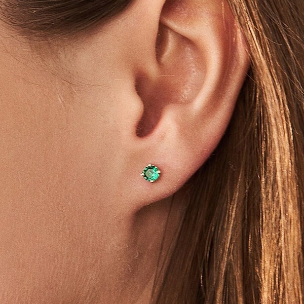 Emerald Stud Earrings in 14k Real Gold for Women | May Birthstone Earrings | Gemstone Earrings | 14k Gold Studs | Emerald Jewelry