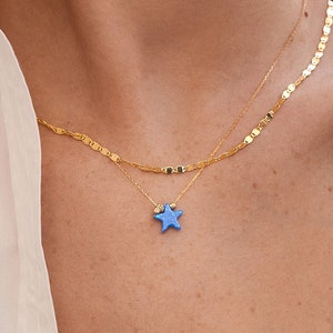 14K Solid Gold Blue Opal Star Necklace for Women | Celestial Pendant Necklace | 14K Real Gold Jewelry | Diamond Star Necklace | Gift for Her