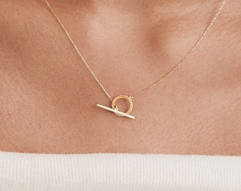 14K Solid Gold Toggle Halskette | Layering Halsketten für Frauen | Toggle Verschluss Choker | T-Bar Kreis Halskette | Schmuck Geschenkideen