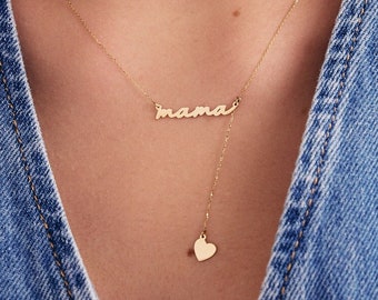 Mama Heart Lariat Necklace in 14K Solid Gold | Y-Necklaces for Women | 14k Gold Dainty Jewelry | Gift for Mom