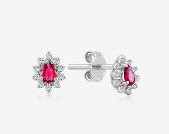 Diamond Ruby Stud Earrings in 14k Real Gold | 14k Gold Gemstone Earrings for Women | Dainty Diamond Studs | 14k Gold Jewelry | Gift for Her