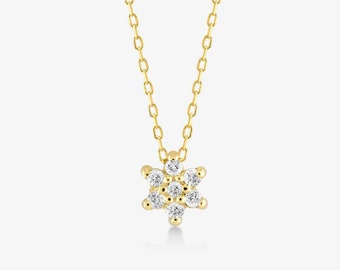 14K Gold Diamond Flower Necklace for Women | Diamond Flower Charm | Wedding Jewelry | Girlfriend Gift | Dainty Diamond Necklace