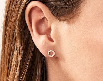 14K Solid Gold Diamond Circle Stud Earrings: Dainty Real Gold Jewelry