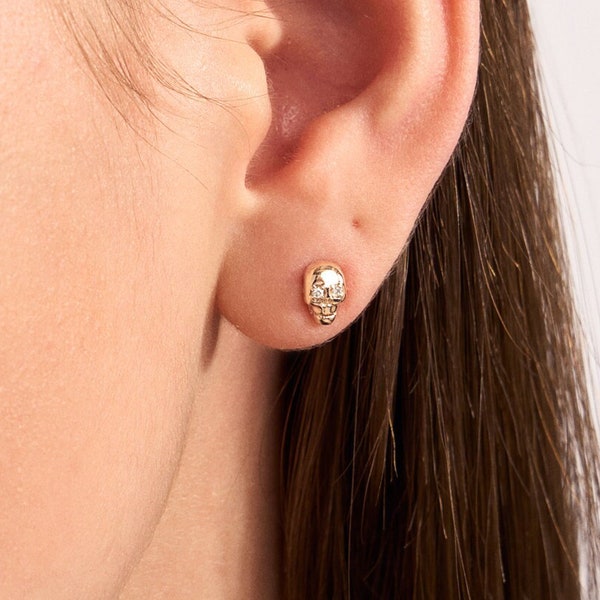 Diamond Skull Earrings | 14K Gold Stud Earrings for Women & Men | Minimal Gold Studs | Everyday Earrings | Diamond Jewelry Birthday Gift