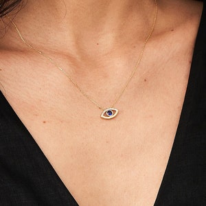 14k Diamond Evil Eye Necklace Sapphire Necklace for Women Mother's Day Gift Evil Eye Pendant Diamond Necklace Hamsa Necklace image 5