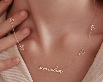 Custom Heart Name Necklace in 14K Solid Gold  |  Heart Station Necklace for Women |  14k Yellow Gold Personalized Necklaces