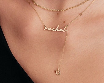 Star of David Name Y-Necklace in 14K Solid Gold | Lariat Necklace for Women | 14k Yellow Gold Custom Necklaces | Jewish Star Neckace