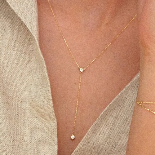 Diamond Y Necklace in 14k Solid Gold Dainty Lariat Drop Etsy