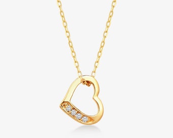 Diamond Tiny Heart Necklace in 14k Real Gold | 14k Gold Open Heart Pendant Necklace for Women | 14k Gold Diamond Jewelry | Gelin Diamond