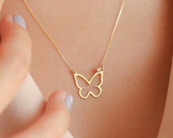 Diamond Butterfly Necklace in 14k Solid Gold | Butterfly Pendant Necklace for Women | Diamond 14k Gold Jewelry | Gift for Women