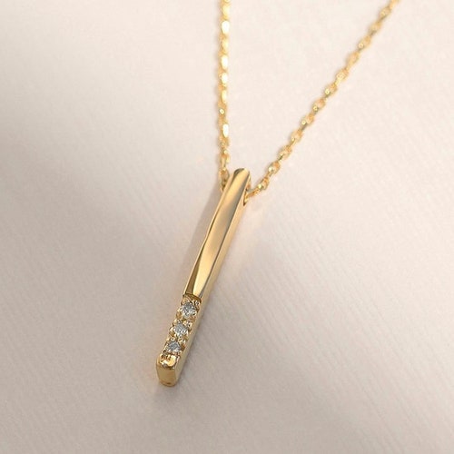 14k Solid Gold 3D Vertical Diamond Bar Necklace for Women by Etsy