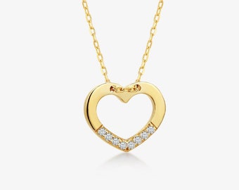 Diamant-Halskette mit offenem Herz aus 14-karätigem Massivgold | Echtgold-Herz-Anhänger-Halskette für Frauen | Diamant 14k Echtgoldschmuck | Geschenk für Frauen