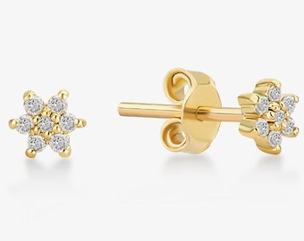 14k Gold Diamond Flower Earrings: Dainty Cluster Studs