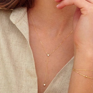 Diamond Y Necklace in 14k Solid Gold - Dainty Lariat Drop Chain Necklace for Women - Valentine's Day Gift for Women