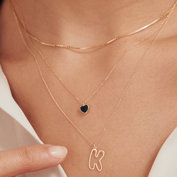 Collier coeur noir en or massif 14 carats | Collier à breloques coeur | Colliers en or 14 carats pour femme | Collier petit coeur | Cadeaux d'anniversaire