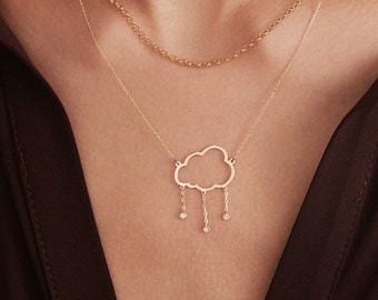 Diamond Rain Cloud Necklace in 14K Solid Gold | Dainty Diamond Necklaces for Women | Cloud Necklace | Raindrop Necklace