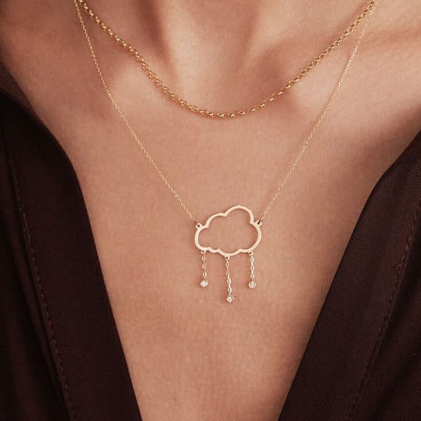 Diamond Rain Cloud Necklace in 14K Solid Gold | Dainty Diamond Necklaces for Women | Cloud Necklace | Raindrop Necklace