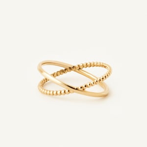 Solid Gold Ball Bead X Ring / Dainty Criss Cross Ring for Women / Minimalist Stacking Rings / Perfect Gift for Her