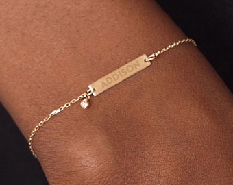 Engravable Diamond 14k Solid Gold Bar Bracelet | Personalized Dainty 14k Gold Bar Bracelet for Names, Dates, Coordinates