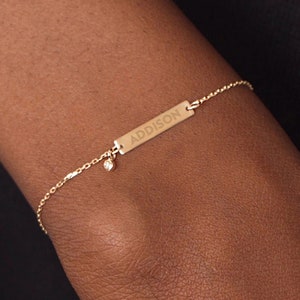 Engravable Diamond 14k Solid Gold Bar Bracelet | Personalized Dainty 14k Gold Bar Bracelet for Names, Dates, Coordinates