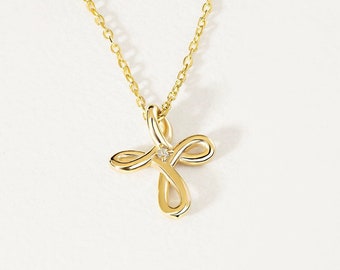 Diamond 14k Real Gold Cross Necklace | Diamond Infinity Sign Pendant Necklace for Women | Dainty 14k Gold Religious Jewelry | Gift for Women