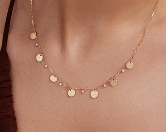 Diamond Disc Station Necklace in 14K Solid Gold | Multi Circle Station  Choker Necklace with Bezel Diamond (1/20 c.t t.w)