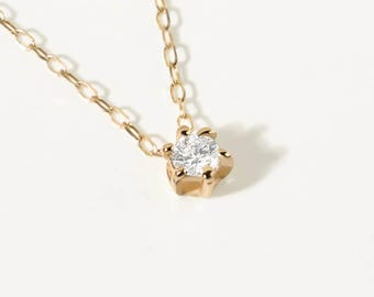 14k Solid Gold Diamond Solitaire Pendant Necklace | 0.10 ct Natural Diamond, VS2 F-G Clarity