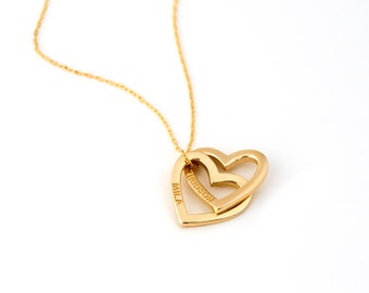 10K & 14K Solid Gold Engraved Heart Necklace | Personalized Heart Name Necklace | Engraved Necklace for Women | Double Heart Necklace