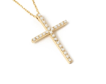 Dainty Diamond Cross Necklace in 14K Solid Gold, 0.12 ct Natural Diamond