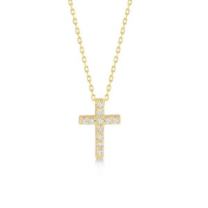 Collar con cruz de diamantes en oro macizo de 10k o 14k: delicado colgante pavé para mujer.