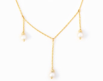 14K Solid Gold Pearl Dangle Necklace | Delicate Pearl Chain Jewelry