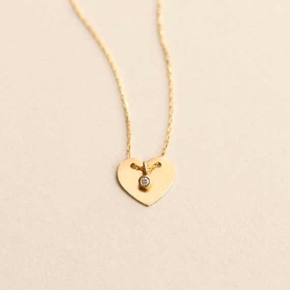 Diamond Tiny Heart Necklace for Women 14k Solid Gold Small | Etsy