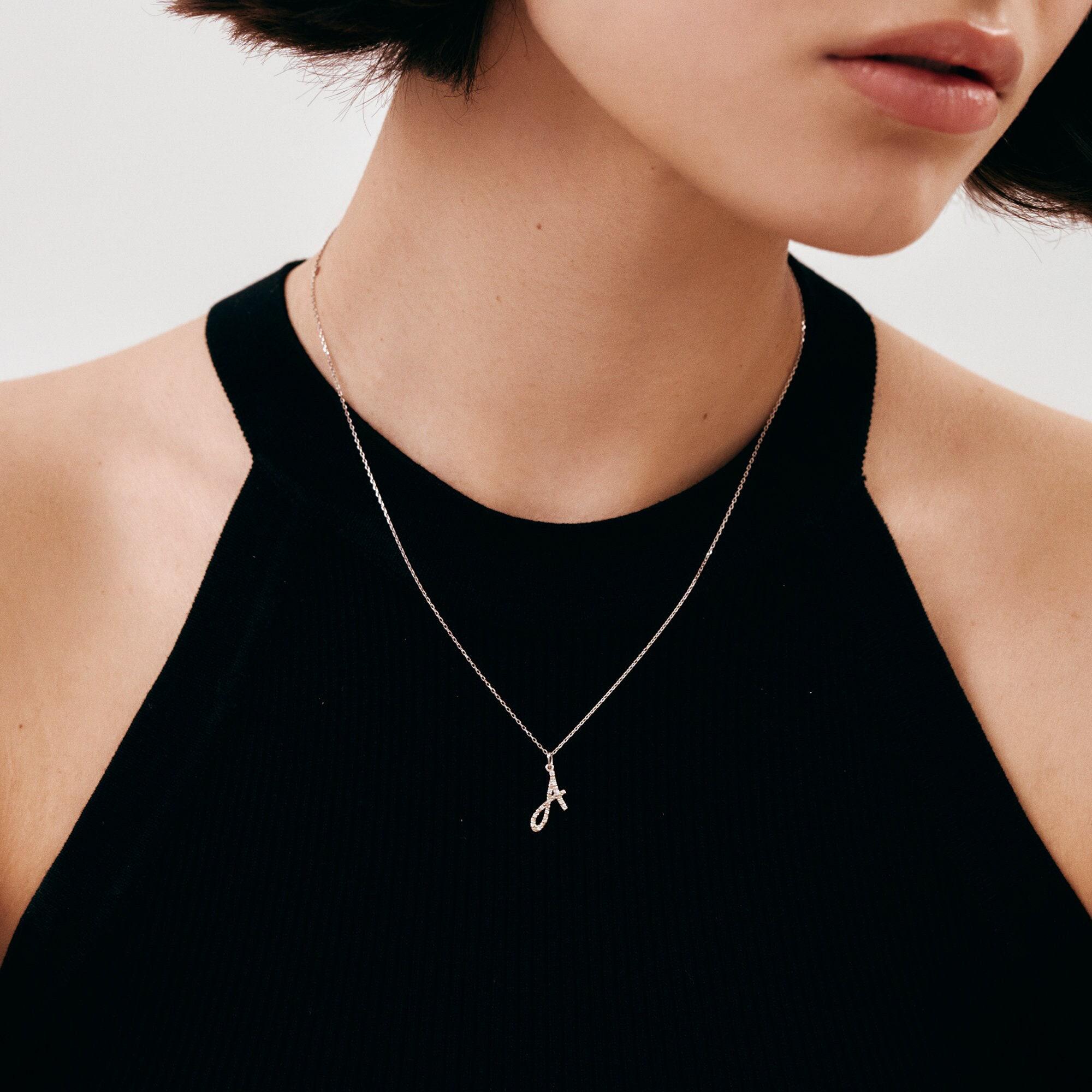 Handwrite Diamond 14K Solid Gold Diamond Personalized Cursive Initial Necklace ...