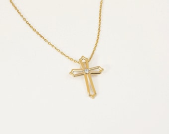 Solitaire Diamond Cross Necklace | Cross Necklace in 14k Solid Gold | Diamond Cross Pendant | Christian Faith Necklace | Baptism Gift