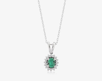 14K Solid Gold Emerald Diamond Halo Pendant Necklace for Women