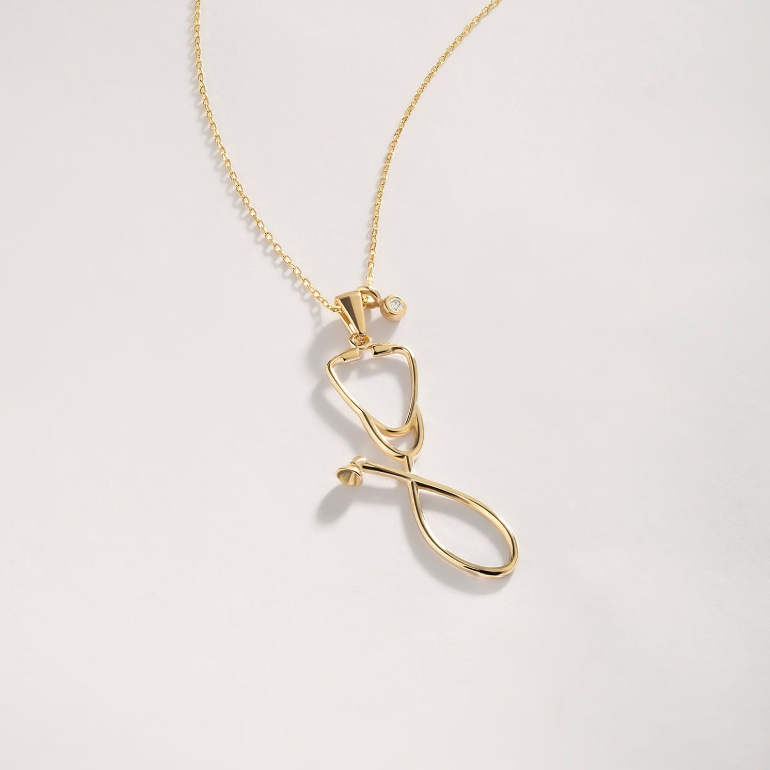 Diamond Stethoscope Necklace 14k Solid Gold Dainty - Etsy