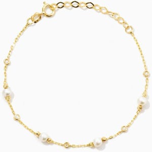 Pearl Station Bracelet: 14K Solid Gold - Bezel Diamond Accents