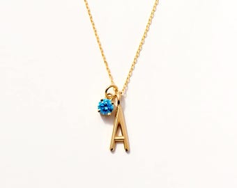 14k Gold Birthstone Initial Necklace: Personalized Letter Necklace