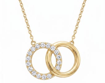 Diamond Interlocking Circle Necklace in 14k Solid Gold: Dainty Linked Rings Pendant