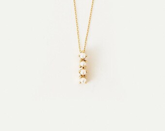 14K Solid Gold Pearl Bar Pendant Necklace for Women | Dainty Vertical Pearl Bar Necklace | 14K Real Gold Pearl Jewelry | Gift for Her